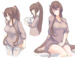  blush breasts brown_hair closed_eyes closed_mouth flower hair_between_eyes hair_flower hair_ornament highres kantai_collection large_breasts long_hair looking_at_viewer mizuchi_(mizuchi7118) multiple_views ponytail red_eyes simple_background smile sweater very_long_hair white_background yamato_(kantai_collection) 
