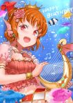 :d air_bubble alternate_hairstyle armlet bangs bracelet bubble crown dated earrings eyebrows_visible_through_hair fish flower hair_bun hair_flower hair_ornament happy_birthday harp head_fins holding holding_instrument instrument jewelry jyon looking_at_viewer love_live! love_live!_sunshine!! music musical_note navel necklace open_mouth orange_hair pink_flower pink_shirt playing_instrument red_eyes shirt short_sleeves smile solo takami_chika underwater upper_teeth 