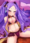  bangs bare_shoulders bikini blush bow breasts cleavage collarbone commentary_request eyeliner facial_mark fate/grand_order fate_(series) forehead forehead_mark hair_bow highres long_hair looking_at_viewer makeup navel parted_bangs purple_bikini purple_bow purple_eyes purple_hair sash seaside_luxury sitting small_breasts smile solo spread_legs swimsuit tassel thighs twintails very_long_hair wu_zetian_(fate/grand_order) yunodon_(sugar_maple) 