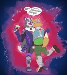  2018 anthro canine clothed clothing detailed_background dialogue fox fox_mccloud furgonomics hug male male/male mammal mellos nintendo paper star_fox video_games wolf wolf_o&#039;donnell 