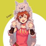  alternate_costume animal_costume brown_hair green_eyes looking_at_viewer mella octopath_traveler open_mouth short_hair simple_background smile solo tressa_(octopath_traveler) wolf wolf_costume 