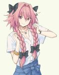  astolfo_(fate) bangs black_bow blue_skirt blush bow bracelet braid closed_mouth collarbone commentary english_commentary eyelashes fate/apocrypha fate_(series) hair_between_eyes hair_bow hair_intakes hand_in_hair jewelry long_braid long_hair looking_at_viewer male_focus multicolored_hair necklace otoko_no_ko pas_(paxiti) pink_hair purple_eyes shirt short_sleeves simple_background skirt smile solo streaked_hair twin_braids watch white_background white_shirt wristwatch 