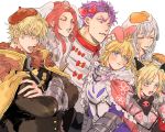  4boys armor artoria_pendragon_(all) bedivere blonde_hair blue_eyes bow cape cinnamoroll cinnamoroll_(cosplay) closed_eyes cosplay crossed_arms fate/grand_order fate_(series) fur_trim gawain_(fate/extra) gudetama gudetama_(cosplay) hello_kitty hello_kitty_(character) hello_kitty_(character)_(cosplay) highres knights_of_the_round_table_(fate) kuromi kuromi_(cosplay) lancelot_(fate/grand_order) matimatio mordred_(fate) mordred_(fate)_(all) multiple_boys multiple_girls my_melody my_melody_(cosplay) onegai_my_melody open_mouth pink_cape pompompurin pompompurin_(cosplay) red_hair saber sanrio silver_hair simple_background tristan_(fate/grand_order) white_background yellow_cape 