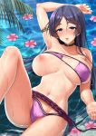  :d afloat arm_behind_back arm_support arm_up armlet armpits bangs bare_legs bikini black_choker blush breasts choker collarbone covered_nipples eyepatch_bikini fate/grand_order fate_(series) flower head_tilt highres large_breasts leg_up long_hair looking_at_viewer minamoto_no_raikou_(fate/grand_order) minamoto_no_raikou_(swimsuit_lancer)_(fate) navel nipples nose_blush one_breast_out open_mouth palm_leaf parted_bangs partially_submerged partially_visible_vulva pink_flower purple_bikini purple_eyes purple_hair rope shallow_water shiny shiny_hair shiny_skin skindentation smile solo straight_hair swimsuit water water_drop wet youshuu 