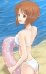  beach bikini brown_eyes brown_hair day girls_und_panzer innertube looking_at_viewer looking_back mutsu_(layergreen) nishizumi_miho ocean open_mouth short_hair smile solo swimsuit white_bikini 