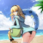  ass bangs beach bikini black_bikini black_bow black_hairband blue_eyes blue_innertube blue_jacket blue_sky bow braid closed_mouth cloud cloudy_sky commentary_request day fate/grand_order fate_(series) floral_print hair_between_eyes hair_bow hairband hood hood_down hooded_jacket horizon innertube jacket jeanne_d'arc_(fate)_(all) jeanne_d'arc_(swimsuit_archer) leaning_forward long_hair long_sleeves looking_at_viewer looking_back ocean outdoors palm_tree roi_(liu_tian) sand sky sleeves_past_wrists smile solo swimsuit tree very_long_hair water 