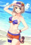  :d anchor_symbol bangs bare_shoulders beach bikini blue_bikini blue_eyes blue_sky blush brown_footwear cloud cloudy_sky collarbone commentary_request day dutch_angle eyebrows_visible_through_hair fingernails flower front-tie_bikini front-tie_top groin hair_between_eyes hair_flower hair_ornament hajime_kaname halter_top halterneck hand_on_hip highres horizon leg_garter light_brown_hair looking_at_viewer love_live! love_live!_sunshine!! navel ocean open_mouth orange_shorts outdoors red_flower sand sandals see-through short_shorts shorts sky smile solo standing standing_on_one_leg star swimsuit toenails visor_cap watanabe_you water white_flower 