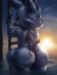  2018 big_butt bitfly blue_eyes blue_scales bubble_butt butt cloud digital_media_(artwork) fangs fin fish karky ladder male marine nude scales sea shark signature slit_pupils smile solo spots sun sunset thick_thighs water wet wide_hips young 