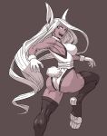  animal_ears armpits ass bare_shoulders boku_no_hero_academia breasts bunny_ears bunny_tail commentary dark_skin gloves grey_background highleg highleg_leotard highres large_breasts leg_up leotard long_hair looking_at_viewer looking_back monochrome muscle muscular_female noneim open_mouth sepia simple_background smile solo tail thighhighs usagiyama_rumi very_long_hair 