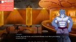  2018 abs advertisement alcohol anthro bar belt beverage biceps blue_scales bottle bulge chair clothed clothing detailed_background dialogue digital_media_(artwork) dragon english_text garreth_(identity) glass hi_res horn identity_(game) inside lizard looking_at_viewer male meanxtreamx3_(artist) muscular muscular_male pants patreon pecs pose reptile scales scalie solo spikes standing table text topless video_games visual_novel weisserrauch white_scales 
