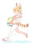  :3 :d alternate_costume alternate_hairstyle animal_ears ankleband ball bare_arms bare_legs bare_shoulders beachball bikini blonde_hair blush commentary extra_ears eyebrows_visible_through_hair flower from_side hair_flower hair_ornament hand_up holding holding_ball kemono_friends kemono_friends_festival looking_at_viewer looking_to_the_side mitsumoto_jouji multicolored_hair open_mouth paw_pose pink_scrunchie ponytail print_bikini sandals scrunchie serval_(kemono_friends) serval_ears serval_print serval_tail short_hair short_ponytail simple_background smile solo swimsuit symbol_commentary tail water white_background wrist_scrunchie yellow_bikini yellow_eyes 