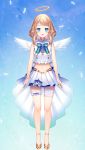  :d angel_wings arms_at_sides bangs bare_shoulders blue_eyes blush commentary_request eyebrows_visible_through_hair feathers full_body halo highres light_brown_hair looking_at_viewer midriff momoshiki_tsubaki navel official_art open_mouth pleated_skirt pointy_ears shiotenshi_channel shiotenshi_riel shirt shoes skirt sleeveless sleeveless_shirt smile solo standing virtual_youtuber white_feathers white_shirt white_skirt wings 