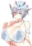  :o arm_behind_back bangs bare_shoulders blue_bikini_top blue_hair blush breasts cleavage collarbone commentary_request eno_yukimi eyebrows_visible_through_hair gem granblue_fantasy hair_between_eyes hand_up horns huge_breasts looking_at_viewer macula_marius navel purple_eyes shiny shiny_hair shiny_skin short_hair simple_background sketch solo sweatdrop tiara upper_body very_short_hair white_background 