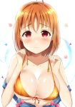  ahoge bangs bare_shoulders bikini blush breasts cleavage collarbone commentary_request eyebrows_visible_through_hair front-tie_bikini front-tie_top hands_up large_breasts looking_at_viewer love_live! love_live!_sunshine!! morerin orange_bikini orange_hair red_eyes short_hair smile solo strap_lift strap_slip swimsuit takami_chika untied untied_bikini upper_body 