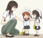  &gt;_&lt; black_eyes black_hair brown_eyes brown_hair child crying girls_und_panzer hat long_hair mother_and_child mother_and_daughter multiple_girls mutsu_(layergreen) nishizumi_maho nishizumi_miho nishizumi_shiho open_mouth sailor_collar sailor_hat short_hair siblings sisters sweatdrop uniform wavy_mouth younger 
