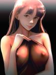  1girl aino_(acilealaulica) backlighting bangs black_background breasts brown_eyes brown_hair erect_nipples highres large_breasts lips long_hair looking_at_viewer mole mole_under_eye naked_sheet nipples nose original see-through simple_background solo upper_body 
