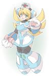  1girl :d android blonde_hair bow cat_paws cinnamon full_body graphite_(medium) green_eyes hat long_hair nurse nurse_cap open_mouth paws rockman rockman_x rockman_x_command_mission simple_background smile solo thighhighs tobitori traditional_media 
