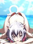  ahoge aki_(yunkana) animal_ears beach bikini blush cat_ears cat_tail commentary_request hair_ornament hair_scrunchie highres long_hair looking_at_viewer ocean off_shoulder open_mouth partially_submerged red_eyes scrunchie senki_zesshou_symphogear side-tie_bikini silver_hair smile solo swimsuit tail top-down_bottom-up twintails untied untied_bikini yukine_chris 