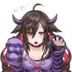  :o ahoge bangs belt_collar black_collar black_shirt breasts brown_hair buckle claw_pose commentary demon_girl demon_horns expressionless eyebrows_visible_through_hair hair_between_eyes hair_flaps hands_up horns jitome long_hair looking_at_viewer medium_breasts multicolored multicolored_hair multicolored_nails nail_polish nijisanji number open_mouth parted_bangs pink_nails pointy_ears purple_nails purple_shirt red_eyes red_hair ringed_eyes shirt shu-mai sidelocks simple_background sleeves_past_fingers sleeves_past_wrists solo striped torn_clothes two-tone_hair upper_body upper_teeth virtual_youtuber white_background yamiyono_moruru 
