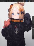  abigail_williams_(fate/grand_order) alternate_hairstyle bandaid_on_forehead bangs belt black_bow black_jacket blonde_hair blue_eyes blush bow fate/grand_order fate_(series) forehead hair_bow hair_bun hand_up heroic_spirit_traveling_outfit high_collar highres holding holding_stuffed_animal jacket long_hair looking_at_viewer misekai_555 open_mouth orange_bow parted_bangs polka_dot polka_dot_bow sleeves_past_fingers sleeves_past_wrists solo stuffed_animal stuffed_toy teddy_bear 