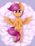  2018 :3 blep chest_tuft cloud cute dsp2003 equine eyelashes feathered_wings feathers female feral friendship_is_magic fur hair hi_res hooves inner_ear_fluff looking_at_viewer mammal my_little_pony nude orange_feathers pegasus portrait purple_eyes purple_hair scootaloo_(mlp) short_hair signature smile solo spread_wings tongue tongue_out tuft wings 