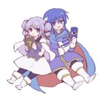  1girl blue_hair boots cape capelet celice_(fire_emblem) chibi fire_emblem fire_emblem:_seisen_no_keifu gameplay_mechanics gloves headband holding kitano_373 long_hair multi-tied_hair protected_link purple_hair simple_background skill smile tied_hair tinny_(fire_emblem) twintails white_background wristband 