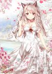  animal_ears azur_lane bangs bare_shoulders blush braid breasts bridal_veil cleavage closed_mouth collarbone detached_sleeves dress eyebrows_visible_through_hair floral_print flower hair_between_eyes hand_up highres large_breasts light_brown_hair long_hair looking_at_viewer mutang pink_flower print_dress puffy_short_sleeves puffy_sleeves red_eyes red_ribbon ribbon short_sleeves side_braid single_braid skirt_hold smile solo strapless strapless_dress thick_eyebrows unmoving_pattern veil very_long_hair white_dress white_flower wolf_ears yuudachi_(azur_lane) 