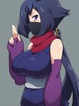  ayame_(gundam_build_divers) blue_hair breasts commentary_request cowboy_shot elbow_gloves face_mask gloves grey_background gundam gundam_build_divers hairu hand_up japanese_clothes kuji-in large_breasts long_hair looking_at_viewer looking_to_the_side mask ninja ninja_mask profile purple_eyes purple_gloves red_scarf sash scarf shiny shiny_clothes shiny_hair simple_background sketch solo twintails very_long_hair 