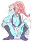  anthro blue_skin breasts cleavage clothed clothing crouching eye_patch eyewear female fish hair legwear long_hair marine noaharbre non-mammal_breasts ponytail red_hair robe sharp_teeth simple_background slit_pupils solo spread_legs spreading teeth undertale undyne video_games white_background yellow_eyes 