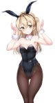  animal_ears armpits ass_visible_through_thighs blonde_hair blush breasts bunny_ears bunny_pose bunnysuit cleavage commentary_request detached_collar eyebrows_visible_through_hair girls_und_panzer gorua_(youce01) hair_between_eyes highres long_hair pantyhose shimada_arisu small_breasts solo sweat thigh_gap white_background wrist_cuffs yellow_eyes 