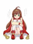  ahoge bangs blush boots breasts brown_hair brown_shirt commentary_request full_body green_eyes hair_bobbles hair_ornament hairband lilka_eleniak long_hair looking_at_viewer nullhachi panties pantyshot red_footwear red_skirt shirt skirt solo underwear upskirt wild_arms wild_arms_2 