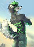  2018 5_fingers anthro black_fur black_nose butt_pose canine clothed clothing day digital_media_(artwork) dog fur green_eyes green_hair hair koul male mammal outside sky smile solo standing topless 