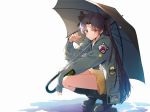  absurdres black_footwear black_legwear black_ribbon black_umbrella boots brown_hair eyebrows_visible_through_hair fate/grand_order fate_(series) full_body green_jacket hair_ribbon highres ishtar_(fate/grand_order) jacket kneehighs long_hair looking_at_viewer melikecurry miniskirt open_clothes open_jacket pleated_skirt red_eyes ribbon rubber_boots simple_background skirt solo squatting twintails umbrella very_long_hair white_background yellow_skirt 