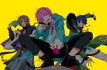  amemura_ramuda arisugawa_dice black_footwear blue_eyes blue_hair blue_hoodie book boots brown_hair candy food fur_trim glowing glowing_eyes green_jacket head_tilt highres hood hoodie hypnosis_mic jacket japanese_clothes lollipop looking_at_viewer male_focus microphone multiple_boys phallic_symbol pink_hair red_ribbon ribbon simple_background smirk squatting twitter_username yellow_background yumeno_gentarou yuyu_(yuyurhythm) 