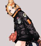  abigail_williams_(fate/grand_order) bangs black_bow black_jacket blue_eyes bow fate/grand_order fate_(series) forehead hair_bun heroic_spirit_traveling_outfit jacket la-na looking_at_viewer orange_bow parted_bangs sleeves_past_fingers sleeves_past_wrists stuffed_animal stuffed_toy teddy_bear 
