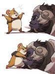  anthro ape blizzard_entertainment buckteeth cute eyewear glasses gorilla hammond_(overwatch) hamster hug male mammal open_mouth overwatch primate rodent size_difference smile spader7 teeth video_games winston_(overwatch) 