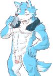  abs anthro balls beverage biped blue_fur can canine casual_nudity circumcised dog drinking eyes_closed flaccid fur hand_on_hip holding_object humanoid_penis kemono male mammal multicolored_fur muscular muscular_male nude penis pubes royalsobatya simple_background smile solo standing towel towel_around_neck two_tone_fur white_background white_fur 