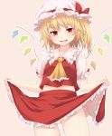  ascot ass_visible_through_thighs beige_background blush bow collarbone commentary_request cowboy_shot crystal fang flandre_scarlet frilled_ascot frilled_shirt_collar frills hat hat_bow highres lifted_by_self looking_at_viewer midriff_peek miyo_(ranthath) mob_cap navel one_side_up open_mouth outline puffy_short_sleeves puffy_sleeves red_bow red_skirt red_vest short_hair short_sleeves simple_background skirt skirt_lift smile solo standing thighs touhou vest white_hat white_outline wings yellow_neckwear 