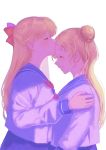  aino_minako bad_id bad_pixiv_id bishoujo_senshi_sailor_moon blonde_hair blue_sailor_collar bow closed_eyes earrings forehead_kiss hair_bow hair_bun half_updo hand_on_another's_shoulder highres jewelry kiss laughing long_hair long_sleeves multiple_girls n_(pixiv24727114) open_mouth profile puffy_long_sleeves puffy_sleeves sailor_collar school_uniform serafuku stud_earrings tsukino_usagi white_background 