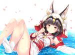  animal_ear_fluff animal_ears armpits ass azur_lane black_hair brown_eyes commentary_request detached_sleeves fox_ears highres hood japanese_clothes knees_up legs legs_up long_hair lying nagato_(azur_lane) on_back oz_snowrose partially_submerged pinky_out red_string smile socks solo string water wet wet_clothes 
