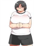  1girl black_hair blush breasts fat glasses huge_breasts shimejix short_hair smile solo sweat 