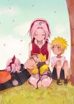  breasts dual_persona facial_mark forehead_protector haruno_sakura konohagakure_symbol multiple_boys multiple_girls naruto naruto_(series) naruto_shippuuden ninja pink_hair sera_(serappi) short_hair socks source_request spiked_hair uzumaki_naruto whisker_markings 