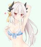  aqua_background arm_behind_back arm_up armpits bangs bikini blue_bikini breasts cleavage closed_mouth collarbone commentary_request eyebrows_visible_through_hair fate/grand_order fate_(series) frilled_bikini frills front-tie_bikini front-tie_top grey_hair heart horns kamu_(geeenius) kiyohime_(fate/grand_order) kiyohime_(swimsuit_lancer)_(fate) long_hair looking_at_viewer medium_breasts mouth_hold navel red_eyes shiny shiny_skin simple_background smile solo swimsuit untied untied_bikini upper_body 