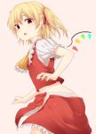  ascot ass beige_background blonde_hair blush clenched_hand commentary_request cowboy_shot eyebrows_visible_through_hair flandre_scarlet frilled_ascot frilled_shirt_collar frills hair_between_eyes hair_ribbon highres looking_at_viewer midriff miyo_(ranthath) no_hat no_headwear one_side_up open_clothes open_mouth open_skirt outline panties petticoat puffy_short_sleeves puffy_sleeves red_eyes red_ribbon red_skirt red_vest ribbon shirt short_sleeves simple_background skirt solo standing touhou underwear vest white_outline white_panties white_shirt wings yellow_neckwear 