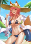  animal_ear_fluff animal_ears beach_umbrella bikini blue_bikini breasts cleavage collarbone commentary day ears_through_headwear fate/extra fate/grand_order fate_(series) fox_ears fox_shadow_puppet fox_tail hat innertube large_breasts nature navel ocean outdoors palm_tree parasol pink_hair side-tie_bikini solo straw_hat suikunart swimsuit tail tamamo_(fate)_(all) tamamo_no_mae_(swimsuit_lancer)_(fate) tree umbrella yellow_eyes 