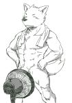  abs anthro athletic biped black_and_white blush canine convenient_censorship dog eyes_closed fur hands_on_hips heat_(temperature) kemono male mammal mechanical_fan monochrome muscular muscular_male nude open_mouth pubes royalsobatya simple_background sketch solo standing towel towel_around_neck white_background 