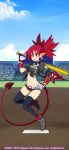  2018 akatsuki_(company) anklet baseball_uniform black_legwear bracelet choker clothes_writing company_name dated day demon_girl demon_tail demon_wings disgaea earrings elbow_pads etna fang full_body gloves hand_on_hip highres holding_baseball_bat jewelry long_hair looking_at_viewer lowleg lowleg_shorts midriff navel nippon_ichi non-web_source official_art open_mouth outdoors pointy_ears red_eyes red_hair shirt short_shorts short_sleeves shorts skull_earrings solo sportswear tail thighhighs tied_shirt twintails watermark wings 