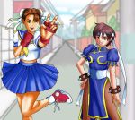  bangs bare_legs blue_dress blue_sailor_collar blue_skirt blurry blurry_background bracelet brown_eyes brown_hair bun_cover china_dress chinese_clothes chun-li chun-li_(cosplay) commentary cosplay costume_switch double_bun dress english_commentary fingerless_gloves gloves headband jewelry kasugano_sakura kasugano_sakura_(cosplay) multiple_girls neckerchief pantyhose pleated_skirt psychosoldier puffy_short_sleeves puffy_sleeves sailor_collar school_uniform serafuku shoes short_hair short_sleeves skirt smile sneakers spiked_bracelet spikes street_fighter v victory_pose yellow_neckwear 