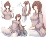  blush bottle breasts brown_eyes brown_hair bucket cleaning closed_eyes closed_mouth commentary_request duster flower hair_between_eyes hair_flower hair_ornament highres kantai_collection large_breasts long_hair looking_at_viewer mask mizuchi_(mizuchi7118) multiple_views ponytail ribbed_sweater simple_background smile spray_bottle sweater translation_request very_long_hair wet wet_clothes white_background yamato_(kantai_collection) 