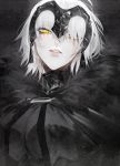  absurdres au_(d_elite) black_dress cape commentary_request dress fate/grand_order fate_(series) fur-trimmed_cape fur_collar fur_trim headpiece highres huge_filesize jeanne_d'arc_(alter)_(fate) jeanne_d'arc_(fate)_(all) looking_at_viewer parted_lips revision solo upper_body white_hair yellow_eyes 